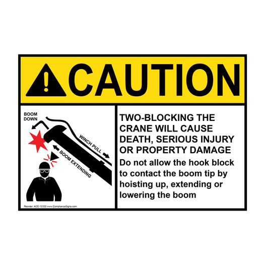 ANSI CAUTION TWO-BLOCKING THE CRANE WILL CAUSE DEATH, SERIOUS INJURY Sign with Symbol ACE-13103