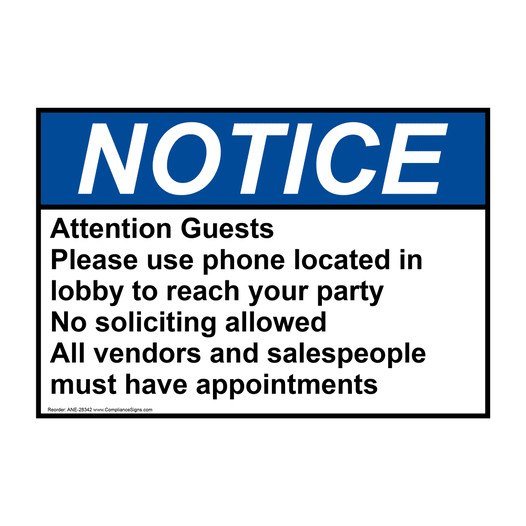 ANSI NOTICE Attention Guests Please use phone located Sign ANE-28342
