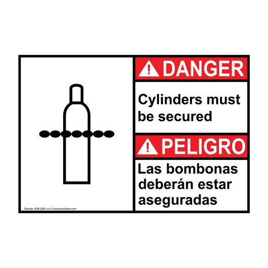 English + Spanish ANSI DANGER Cylinders Must Be Secured Sign With Symbol ADB-2060