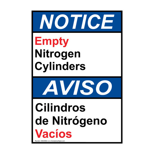 English + Spanish ANSI NOTICE Empty Nitrogen Cylinders - Cilindros de Nitrógeno Sign ANB-9564