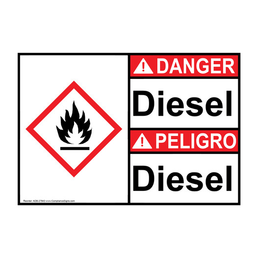 English + Spanish ANSI DANGER Diesel - Diesel Sign with GHS Symbol ADB-27843