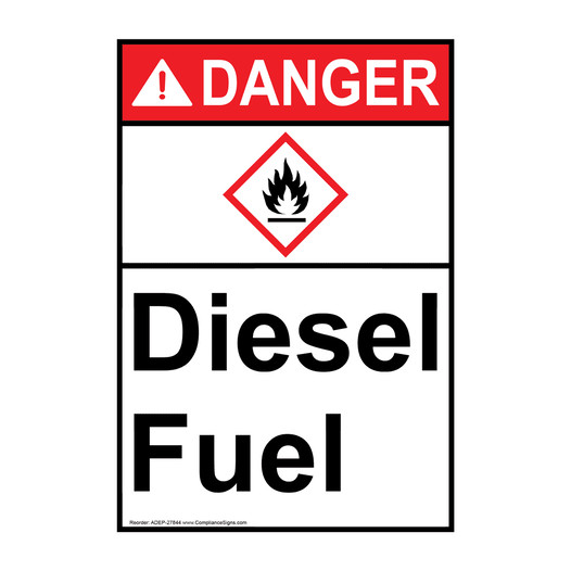 Portrait ANSI DANGER Diesel Fuel Sign with GHS Symbol ADEP-27844
