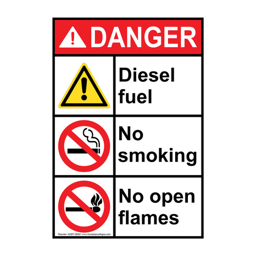 Portrait ANSI DANGER Diesel fuel No smoking No open flames Sign with Symbol ADEP-28091