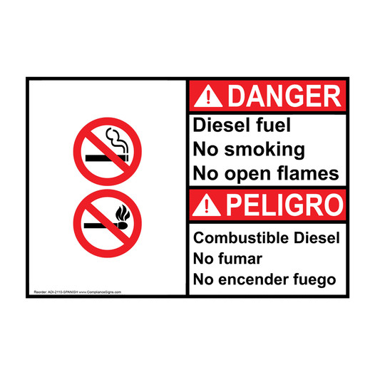 English + Spanish ANSI DANGER Diesel Fuel No Smoking No open flames Sign With Symbol ADI-2110-SPANISH