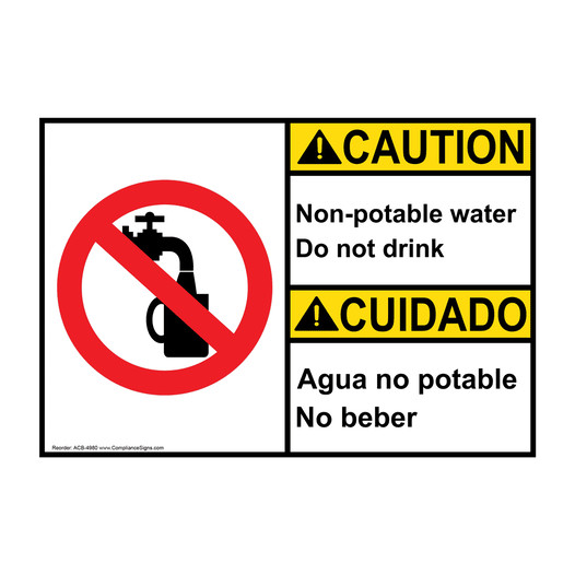 English + Spanish ANSI CAUTION Non-Potable Water Do Not Drink Sign With Symbol ACB-4980