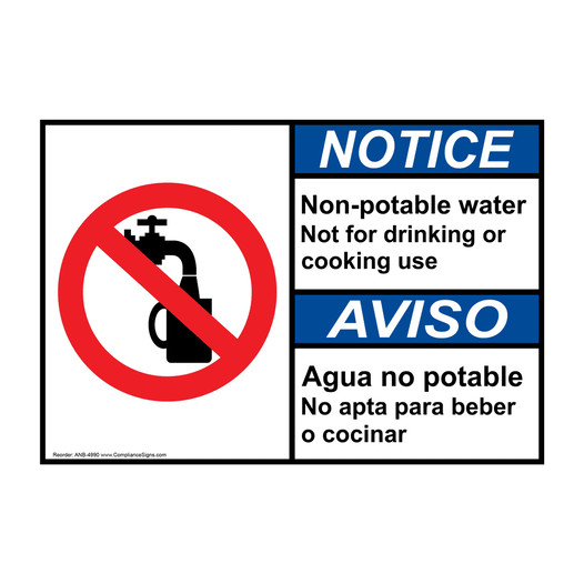 English + Spanish ANSI NOTICE Non-Potable Water No Drinking Sign With Symbol ANB-4990