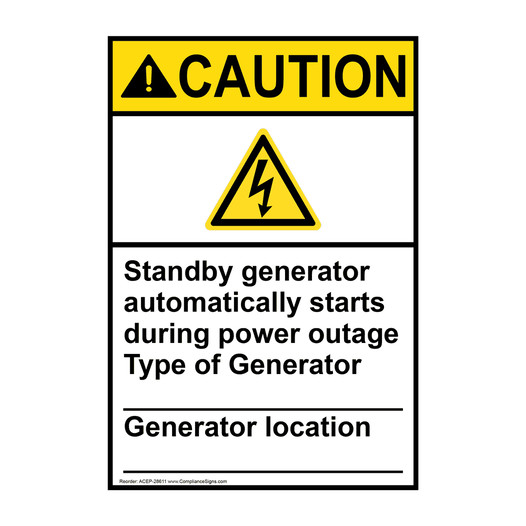 Portrait ANSI CAUTION Standby generator Sign with Symbol ACEP-28611