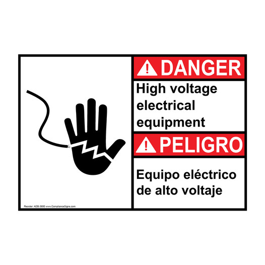 English + Spanish ANSI DANGER High Voltage Electrical Equipment Sign With Symbol ADB-3695