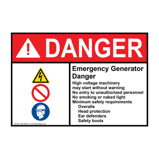 ANSI DANGER Emergency Generator Danger High Sign with Symbol ADE-28603