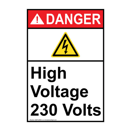 Portrait ANSI DANGER High Voltage 230 Volts Sign with Symbol ADEP-28594