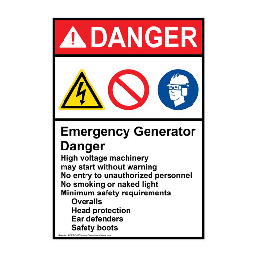 Portrait ANSI DANGER Emergency Generator Sign with Symbol ADEP-28603