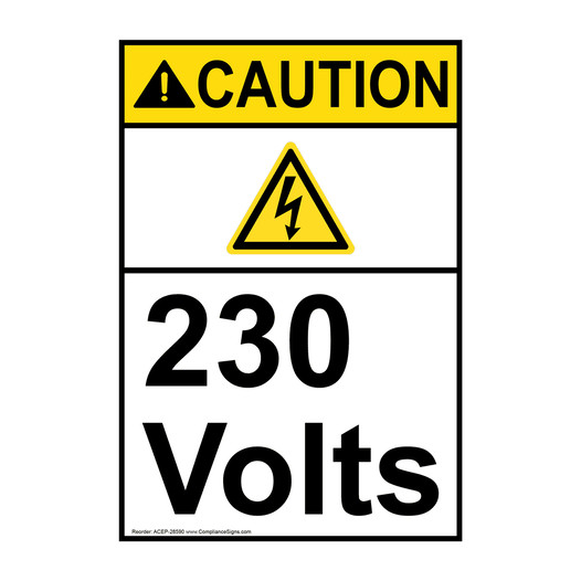 Portrait ANSI CAUTION 230 Volts Sign with Symbol ACEP-28590