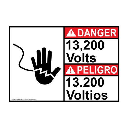 English + Spanish ANSI DANGER 13,200 Volts Sign With Symbol ADB-1035