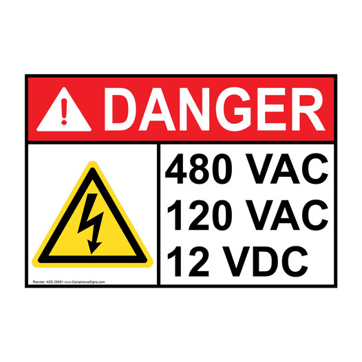 ANSI DANGER 480 VAC 120 VAC 12 VDC Sign with Symbol ADE-28591