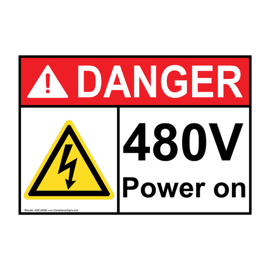 ANSI DANGER 480V Power on Sign with Symbol ADE-28592