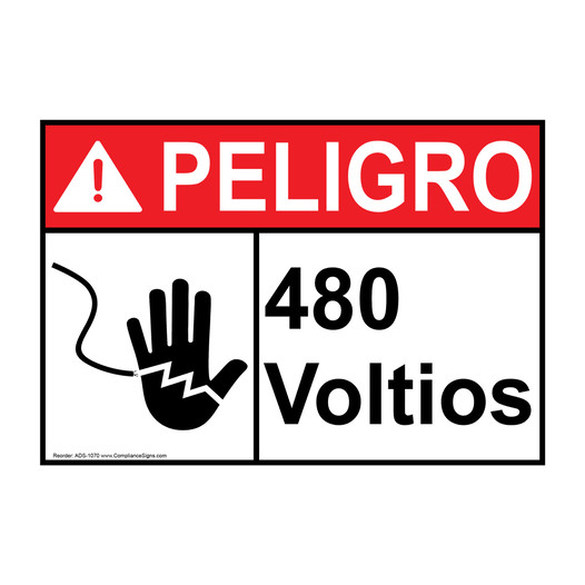 Spanish ANSI DANGER 480 Volts Sign With Symbol ADS-1070