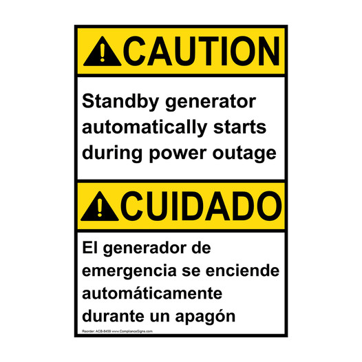 English + Spanish ANSI CAUTION Generator Starts Automatically Sign ACB-8459
