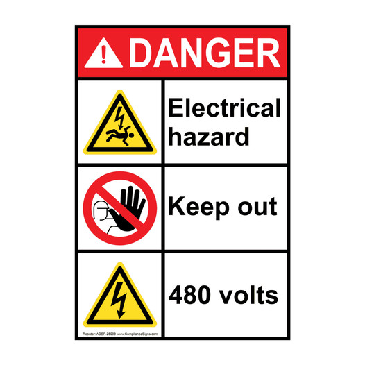 Vertical Electrical Hazard Keep Out 480 Volts Sign - ANSI Danger