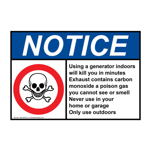 ANSI NOTICE Using a generator indoors will Sign with Symbol
