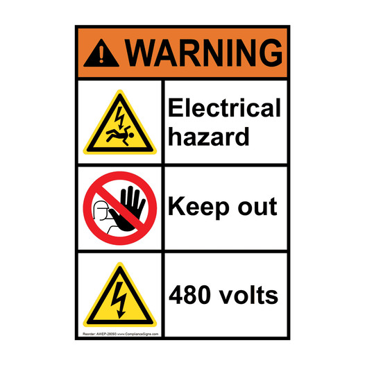 Portrait ANSI WARNING Electrical hazard Keep out 480 volts Sign with Symbol AWEP-28093
