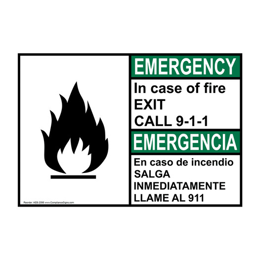 English + Spanish ANSI EMERGENCY In Case Of Fire Exit Call 9-1-1 Sign With Symbol AEB-2098