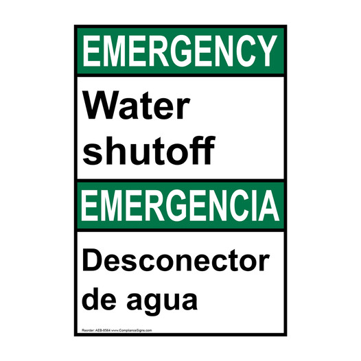 English + Spanish ANSI EMERGENCY Water Shutoff Sign AEB-8564