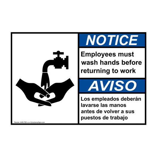 English + Spanish ANSI NOTICE Employees Must Wash Hands Sign With Symbol ANB-2780