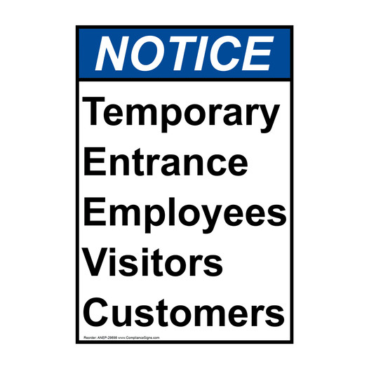 Portrait ANSI NOTICE Temporary Entrance Employees Visitors Sign ANEP-29898
