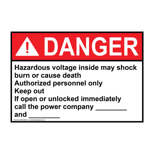 ANSI DANGER Hazardous voltage inside may shock burn Sign ADE-30037