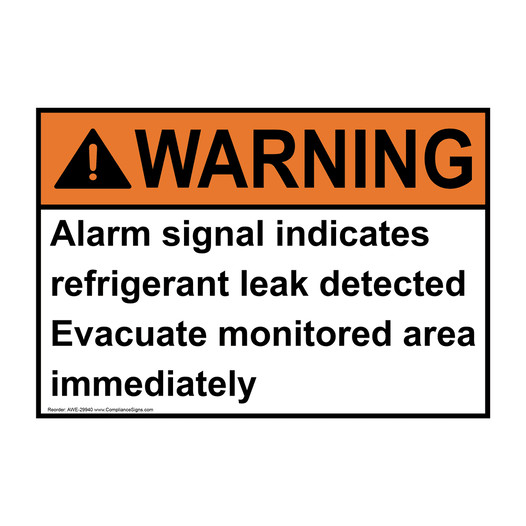 ANSI WARNING Alarm signal indicates refrigerant leak Sign AWE-29940