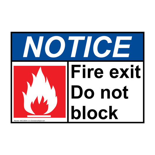ANSI NOTICE Fire exit Do not block Sign with Symbol ANE-29244
