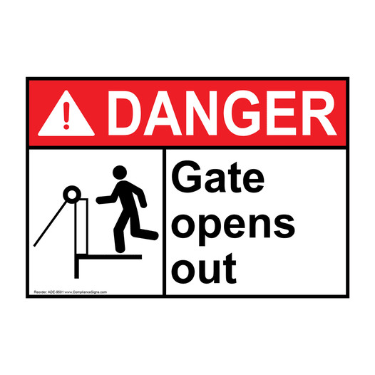 ANSI DANGER Gate Opens Out Sign with Symbol ADE-9501