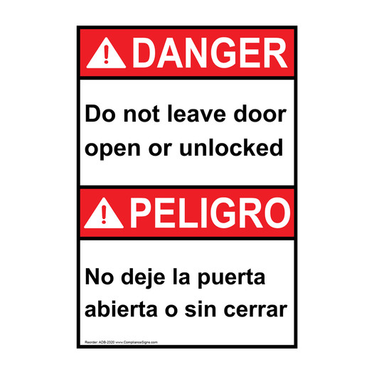 English + Spanish ANSI DANGER Do Not Leave Door Open Or Unlocked Sign ADB-2320