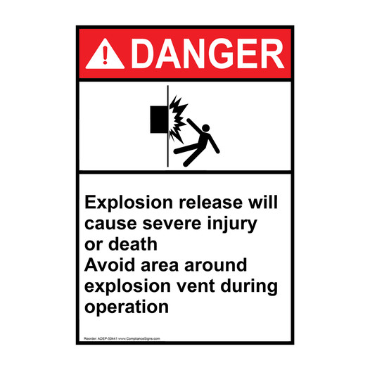 Portrait ANSI DANGER Explosion release will cause injury Sign with Symbol ADEP-50441