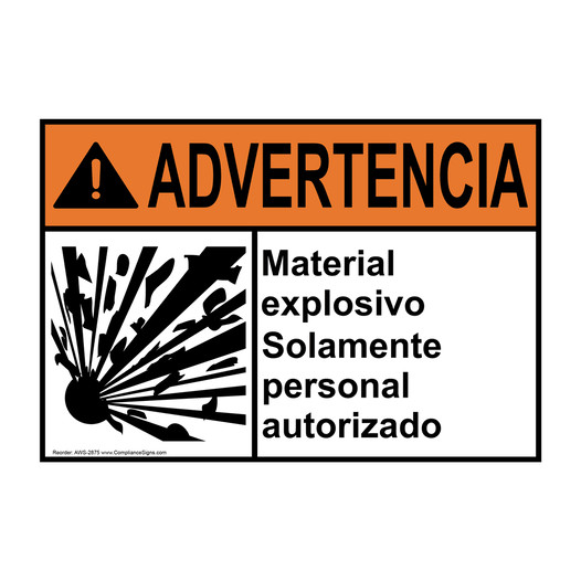 Spanish ANSI WARNING Explosive Material With Symbol Sign With Symbol AWS-2875