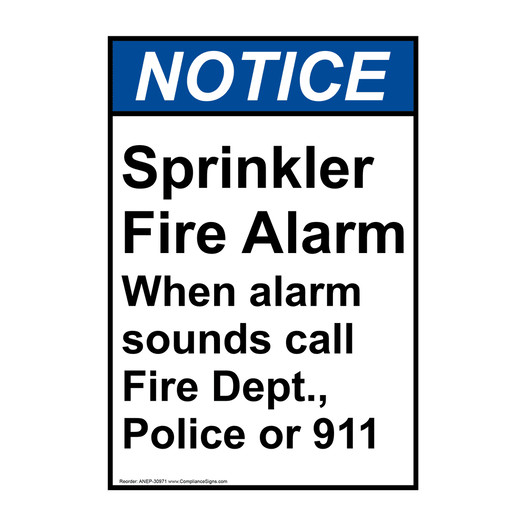 Portrait ANSI NOTICE Sprinkler fire alarm When alarm Sign ANEP-30971