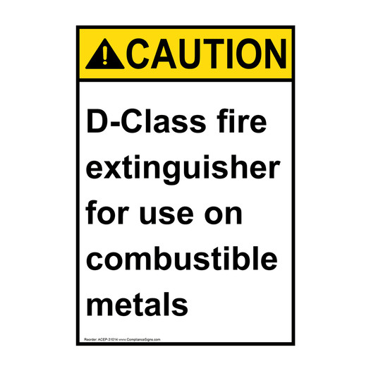 Portrait ANSI CAUTION D-Class fire extinguisher for Sign ACEP-31014