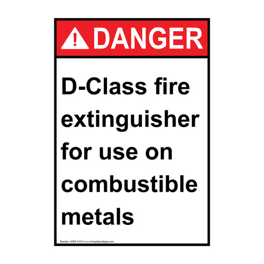 Portrait ANSI DANGER D-Class fire extinguisher for Sign ADEP-31014