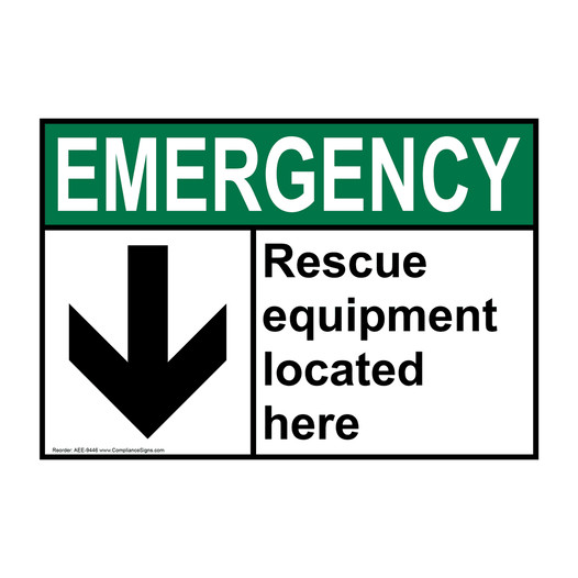 ANSI EMERGENCY Rescue Equipment Located Here Sign with Symbol AEE-9446