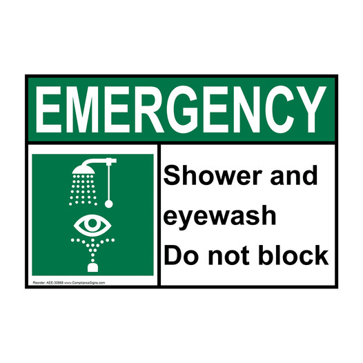 ANSI EMERGENCY Shower and eyewash Do not block Sign with Symbol AEE-30868