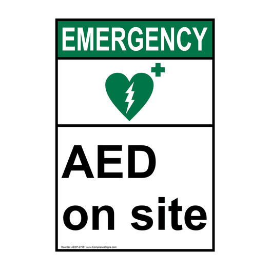 Portrait ANSI EMERGENCY AED on site Sign with Symbol AEEP-27551