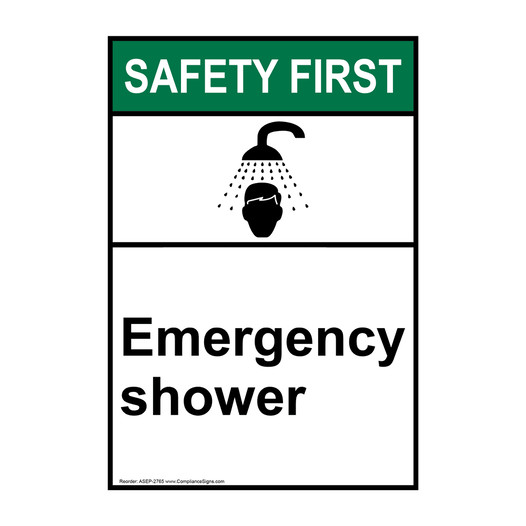 Portrait ANSI SAFETY FIRST Emergency Shower Sign with Symbol ASEP-2765