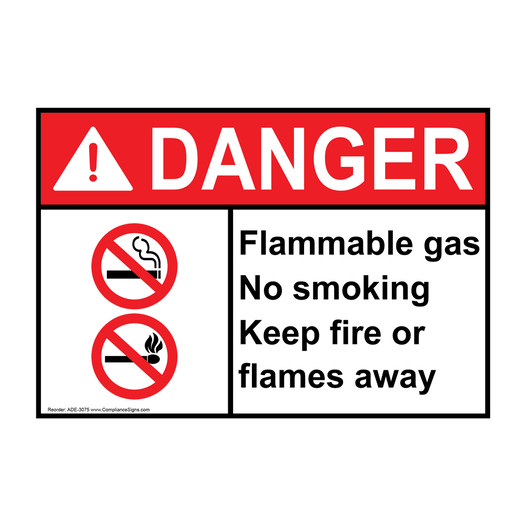 ANSI DANGER Flammable Gas No Smoking Sign with Symbol ADE-3075