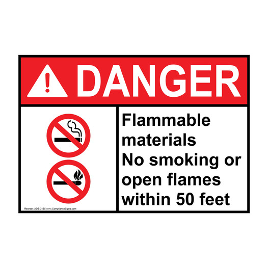 ANSI DANGER Flammable Materials No Smoking 50 Feet Sign with Symbol ADE-3165