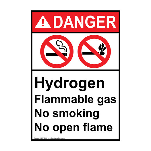 Portrait ANSI DANGER Hydrogen Flammable gas No smoking Sign with Symbol ADEP-3930