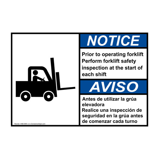 English + Spanish ANSI NOTICE Prior to operating forklift Sign With Symbol ANB-5365