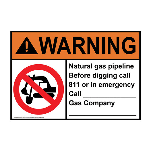 ANSI WARNING Natural gas pipeline Before Sign with Symbol AWE-33532