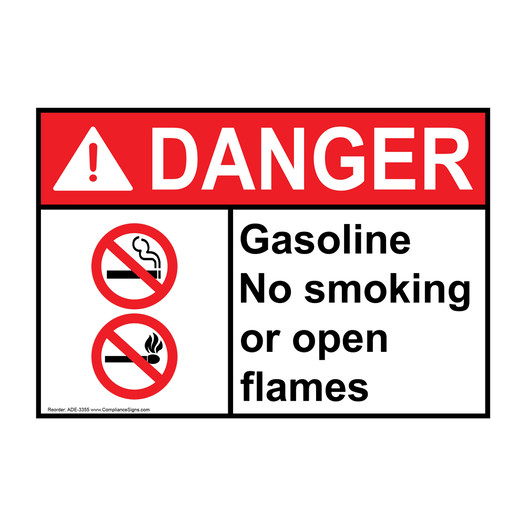 ANSI DANGER Gasoline No Smoking Or Open Flames Sign with Symbol ADE-3355