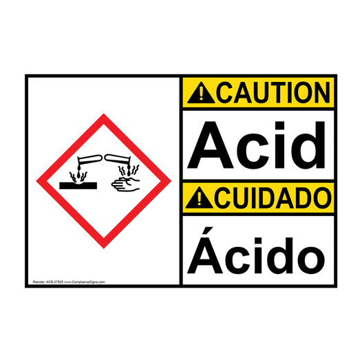 English + Spanish ANSI CAUTION Acid - Ácido Sign with GHS Symbol ACB-27825