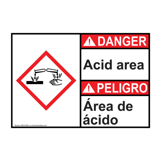 English + Spanish ANSI DANGER Acid area - Área de ácido Sign with GHS Symbol ADB-27826
